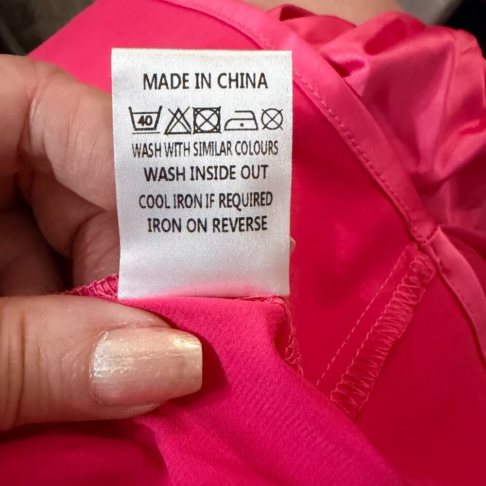 Double Crazy Hot Pink Puffed Sleeve Ruched Waist Satin Mini Dress - Size Small - Picture 8 of 8